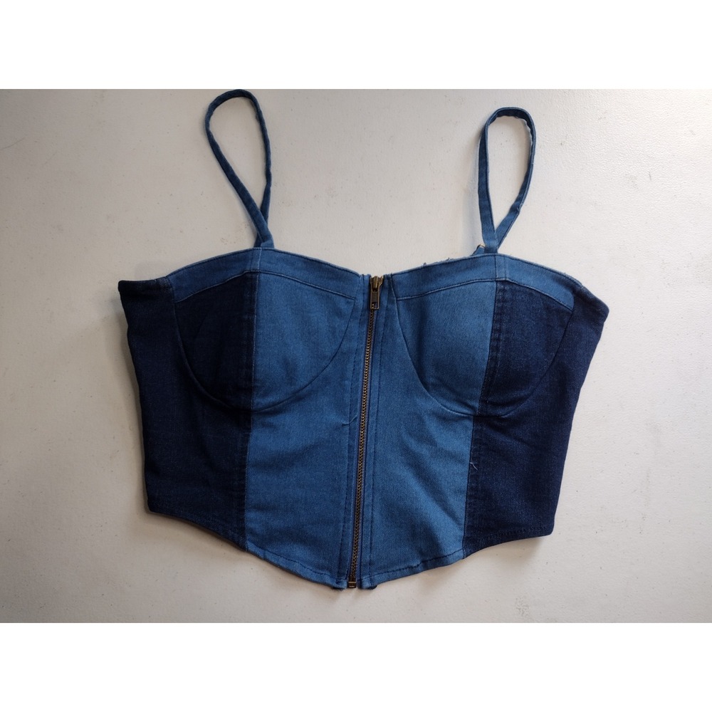 Derek Heart‎ Womens Medium Blue Colorblock Denim Corset Bustier Zipper Crop Top